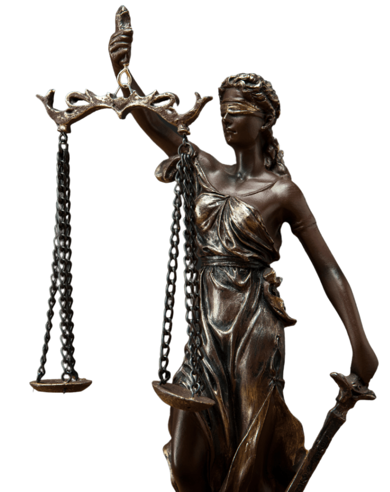 Estatua de la justicia y balanza representando asesoría legal en Cusco